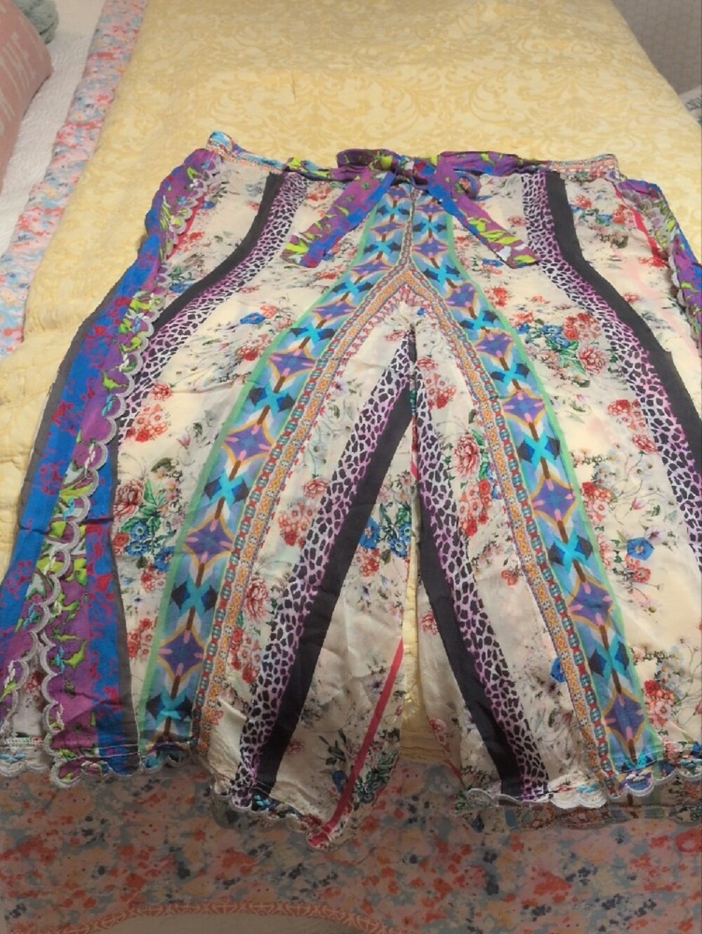 Johnny Was Cream Multicolor Wide-Leg Tie-Waist Pants, SZ 1X, EUC - Picture 2 of 5